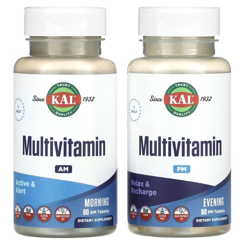 KAL, Мультивитамины, для приема утром и вечером, 2 пакетика, 60 таблеток в каждой