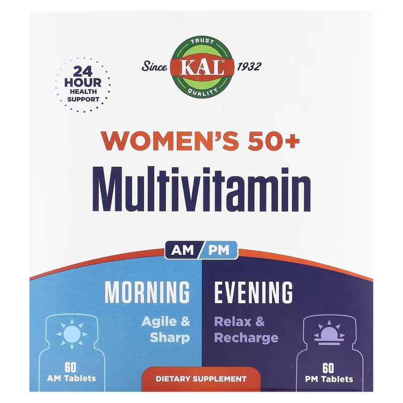 KAL, Мультивитамины для женщин старше 50 лет, утром и вечером, 2 пакетика, 60 таблеток в каждом