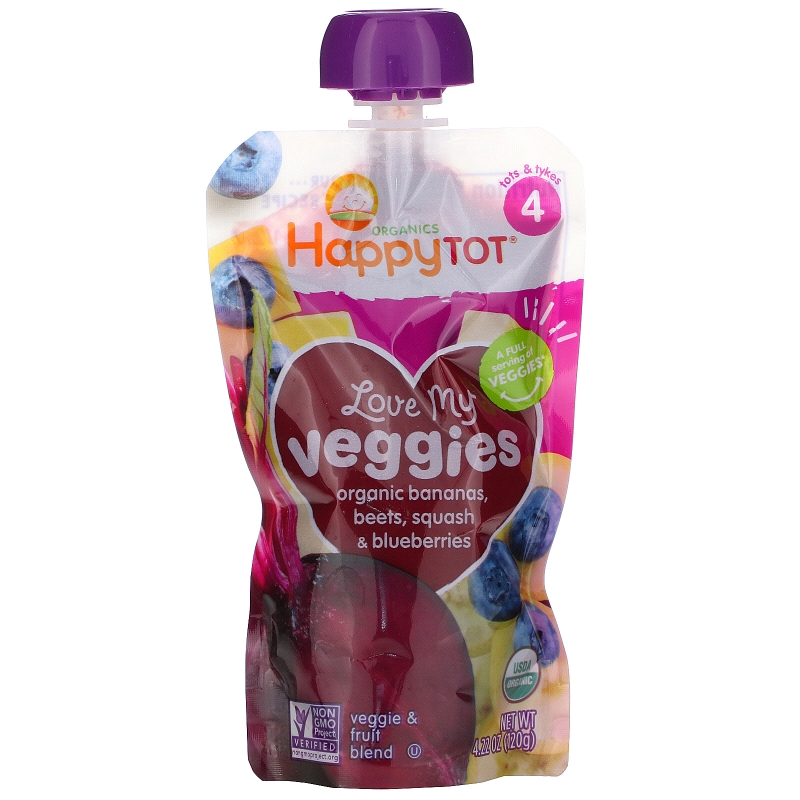 Nurture Inc. (Happy Baby), HappyTot, Love My Veggies, Banana, Beet, Squash & Blueberry, 4 Pouches, 4.22 oz (120 g) Each