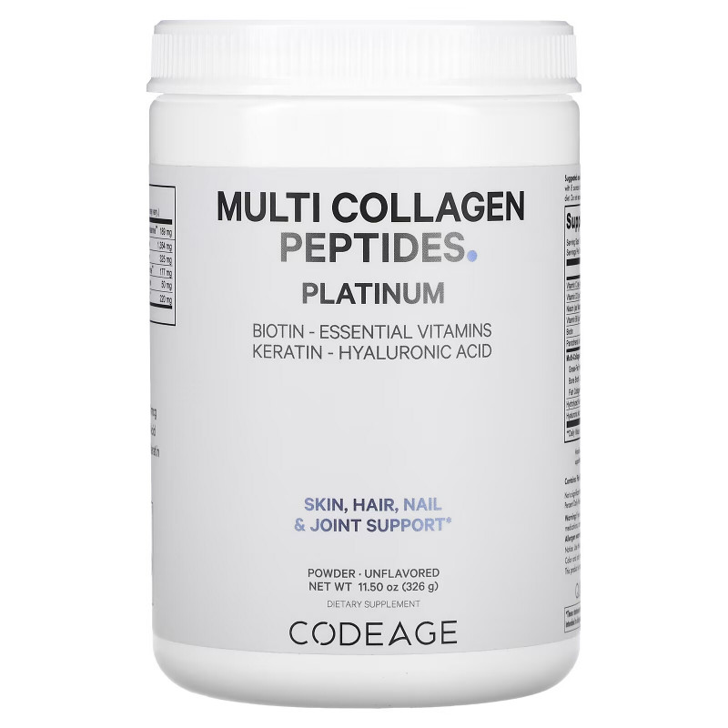 Codeage, Platinum, Multi Collagen Peptides Powder, Biotin, Keratin, Hyaluronic Acid, Unflavored, 11.50 oz (326 g)