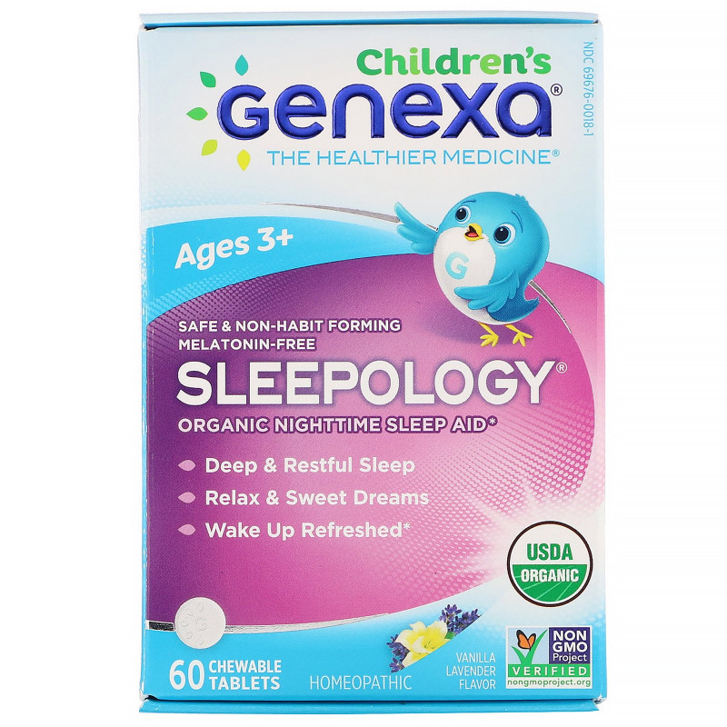 Genexa, Children's Sleepology, Organic Nighttime Sleep Aid, Ages 3+, Vanilla Lavender Flavor, 60 Chewable Tablets